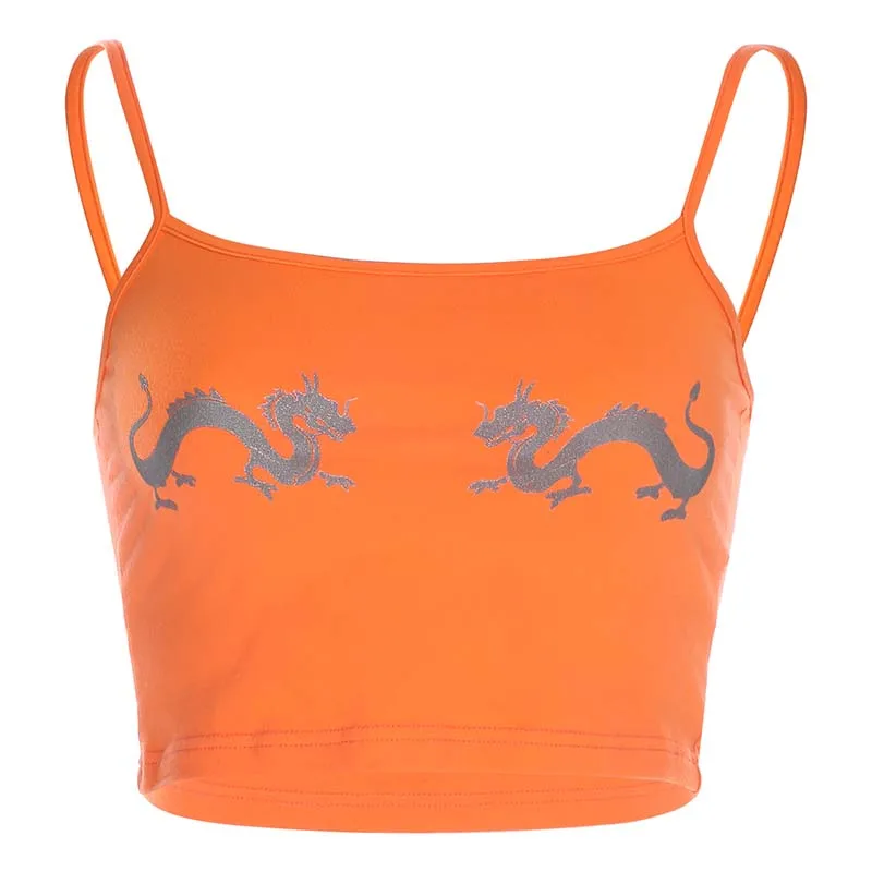 orange tank top Милая женская футболка со светоотражающим принтом, короткий топ, лето, корейский стиль, Harajuku, готика, для женщин, темы, Рейв, фестиваль - Цвет: orange tank top
