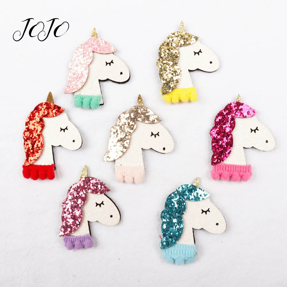 

JOJO BOWS 7pcs Glitter Patches Shiny Unicorn Pattern Pompom Felt Accessories DIY Hair Rope Ornament Material For Garment sewing