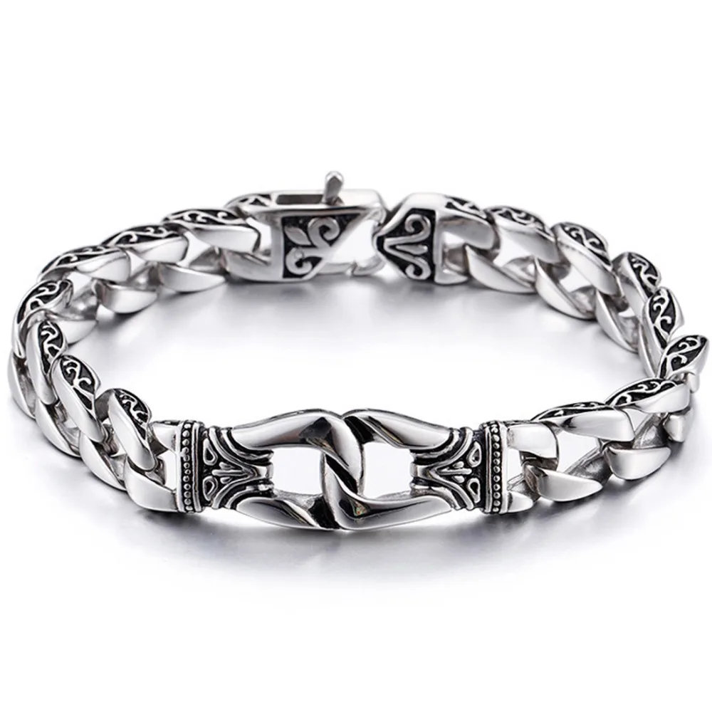 

Mens Bracelet Chain Wristband Stainless Steel Punk Bracelets Curved Silver Color And Black Curb Chains Cuban Jewelry 15mm 8.86"
