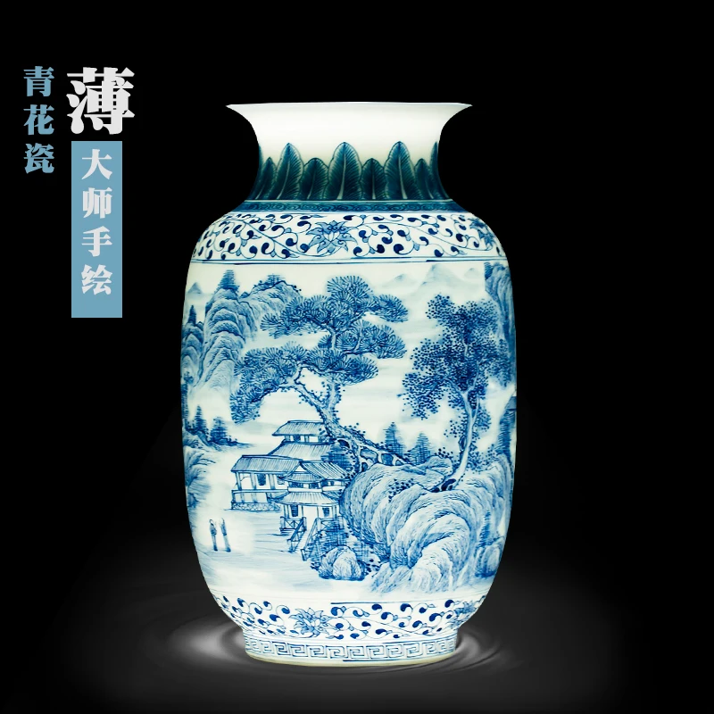 Jingdezhen Masters ручная роспись пейзажей сине-белая фарфоровая тонкая ваза для цветов