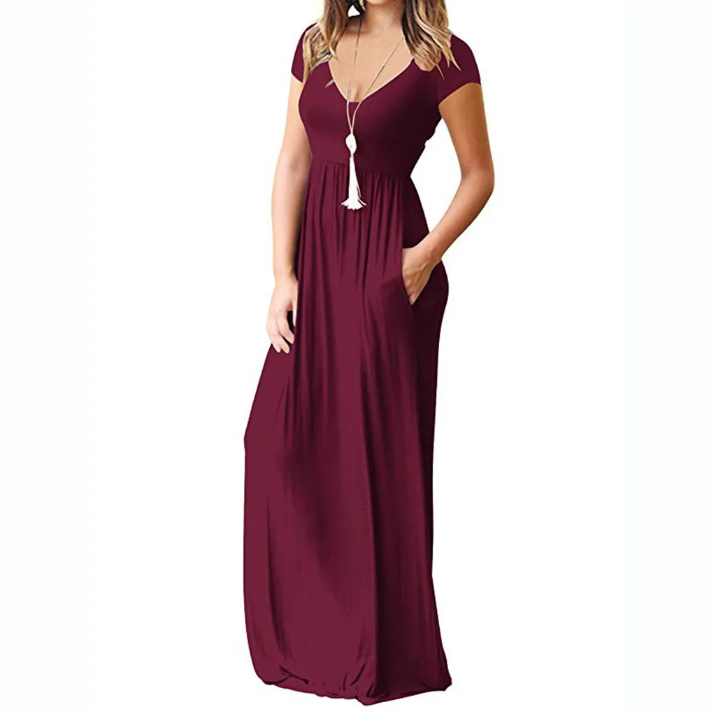 Summer Maxi Long Dress Women Femme Boho Dresses Plus Size Casual Pockets Short Sleeve V-neck Solid Vestidos S-2XL | Женская одежда