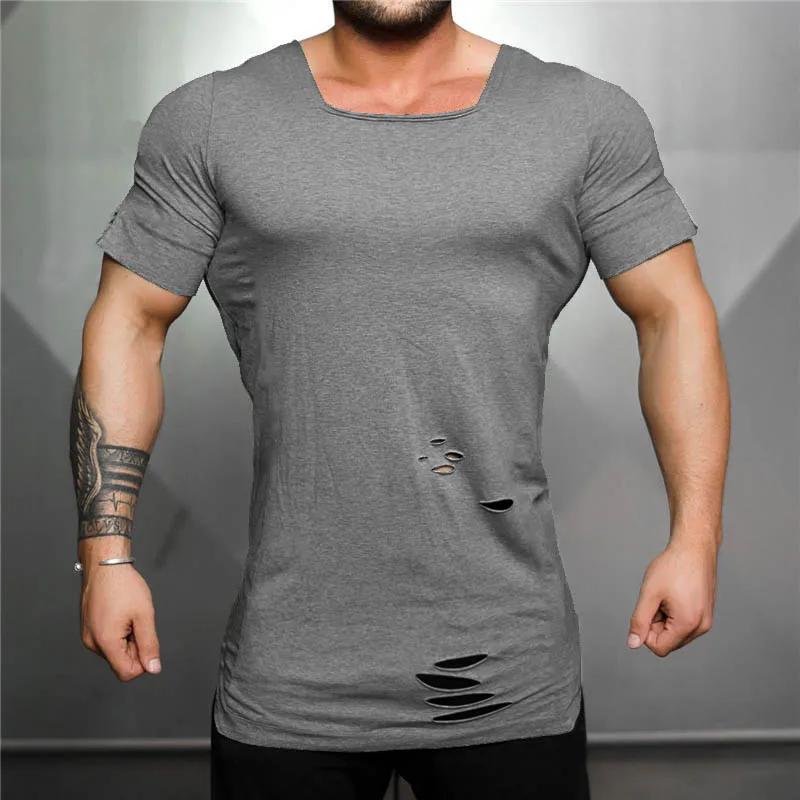 Muscleguys, новинка, летняя футболка для мужчин, рваные футболки с дырками, мужские футболки с квадратным вырезом, облегающие футболки для фитнеса, мужские хип-хоп удлиненные футболки