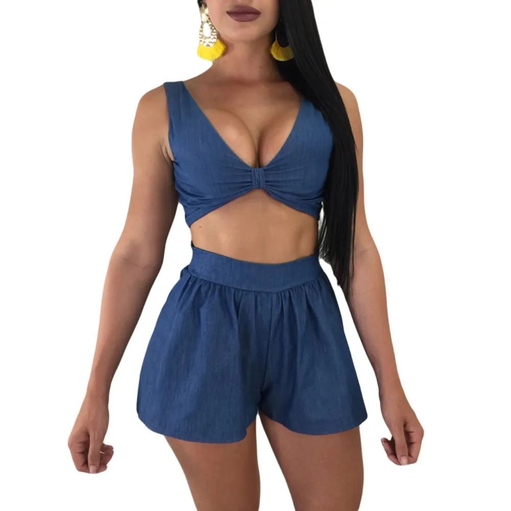 Женский комплект из двух предметов повседневный синий джинсовый топ без рукавов