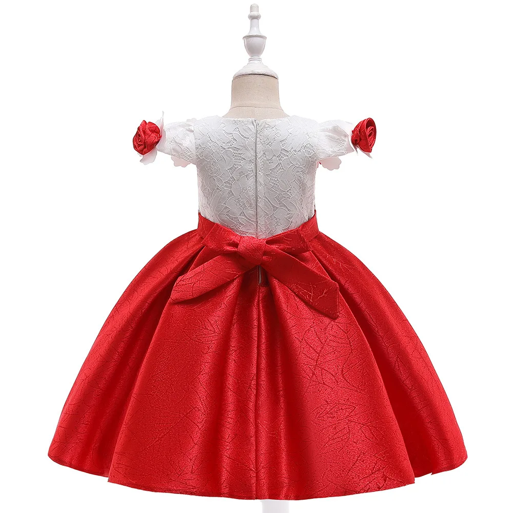 

Beauty A-Line Short Sleeves Red Flower Girl Dresses with Handmade Flower Satin Birthday Evening Party Dresses 2021