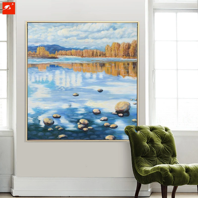 Осенне-осенняя деревенская картина маслом на холсте с изображением озера для