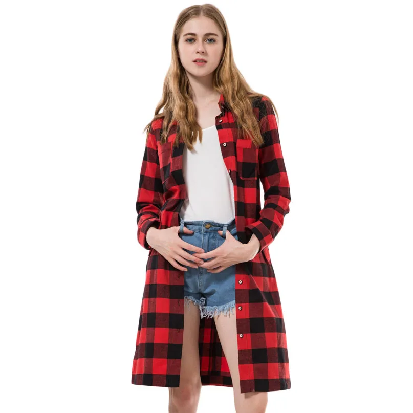 Женская длинная рубашка Dioufond красная клетчатая блузка приталенная Повседневная
