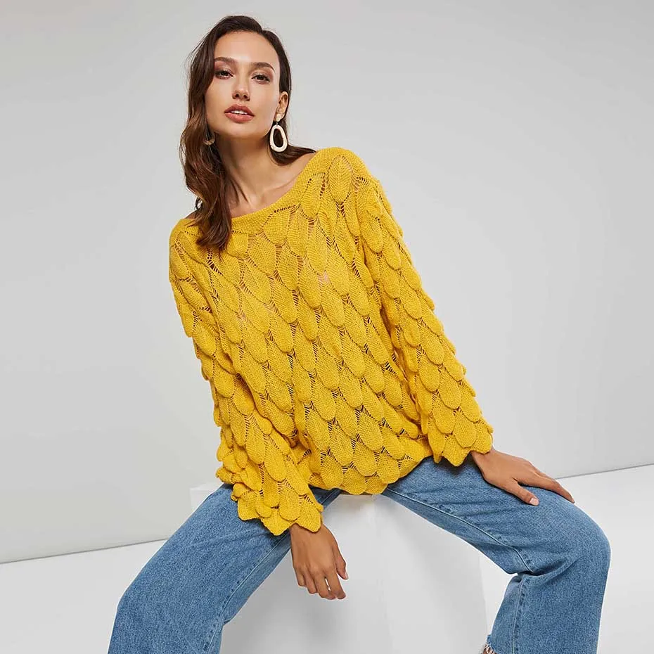 Women Sweater Pullover Fashion Plain Yellow Elegant Loose Scoop Neck Harajuku Pull Hollow Boho Casual Knitted | Женская одежда