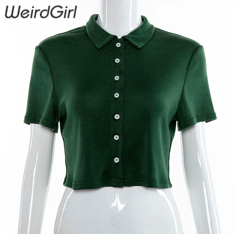 Weirdgirl/женские модные темно-зеленые футболки с отложным воротником, с коротким рукавом, на пуговицах, тонкие женские футболки, укороченный топ, женская уличная одежда, лето