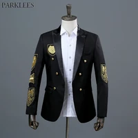 gold medal embroidery black suitblazer men double breasted mens military blazer jacket stage prom show singer costume homme xxl