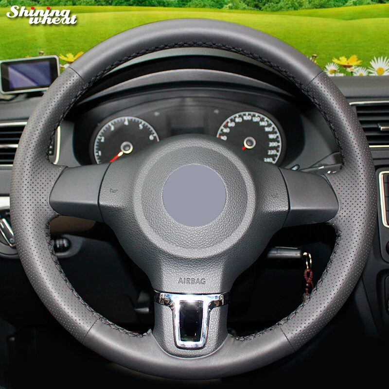 

Shining wheat Black Genuine Leather Steering Wheel Cover for Volkswagen Golf 6 Mk6 VW Polo Sagitar Jetta Mk6 Bora Santana