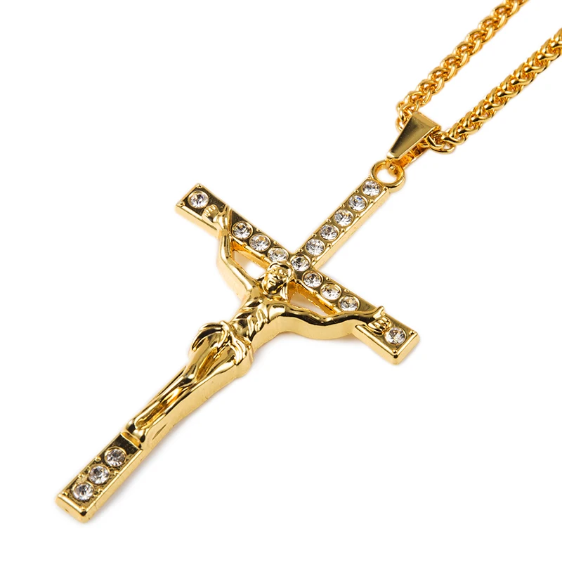 Светильник из желтого золота с Цвет Стразы Крест Иисуса ожерелье для мужчин в