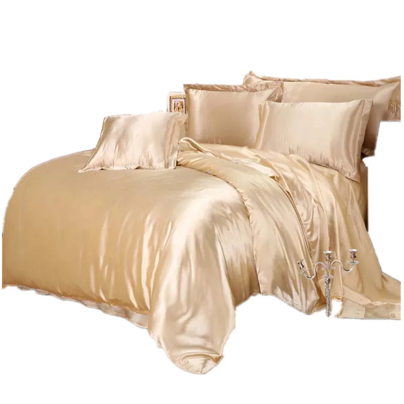 Luxury Satin Silky Bedding Sets Duvet Cover Flat Fitted Sheet Twin Full Queen King size 4pcs/6pcs linen set Black 100%golden 48
