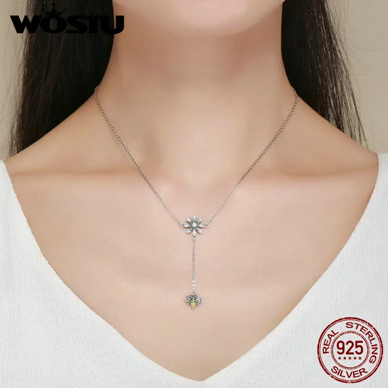 WOSTU New Arrival 100% 925 Sterling Silver Bee Love Daisy Flower Pendant Necklace For Women S925 Jewelry Gift DXN202 | Украшения и