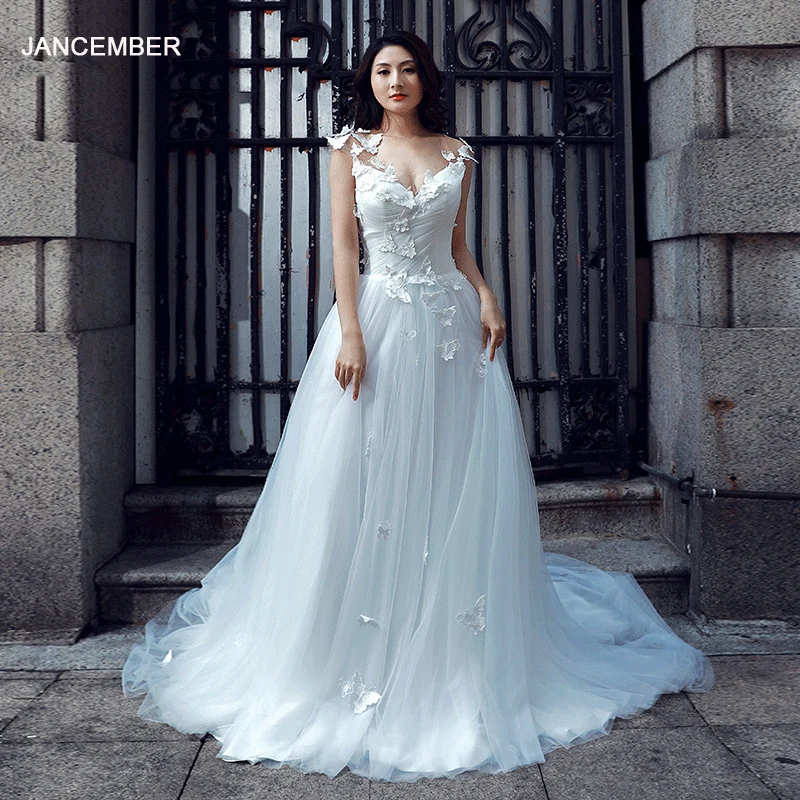 J66527 jancember elegant wedding dress v-neck appliques lace up back like white bridal dresses floor length vestidos boda novia | Свадьбы и