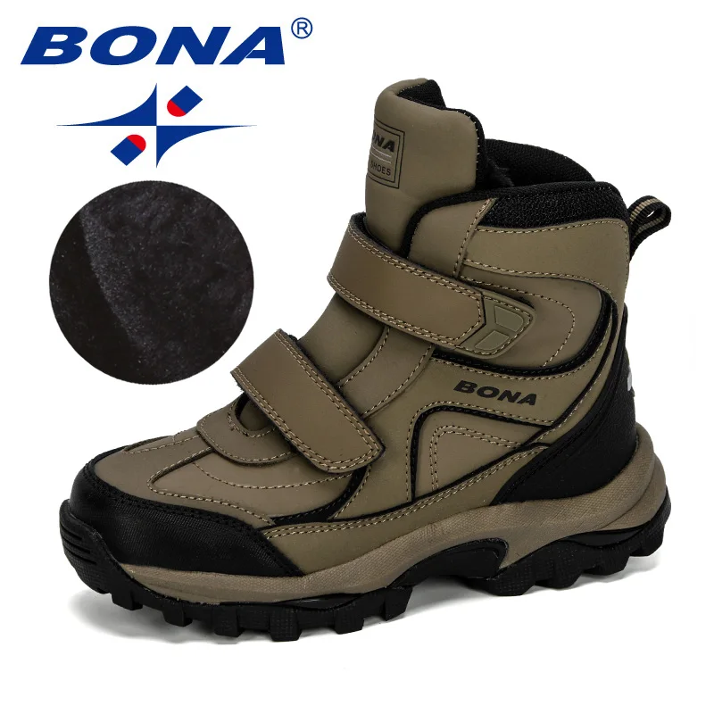 Medium grey black BONA/ новые стильные зимние ботинки для мальчиков; детская обувь; Детские кроссовки; кожаные ботинки; плюшевые теплые удобные ботильоны на плоской подошве - Цвет: Medium grey black