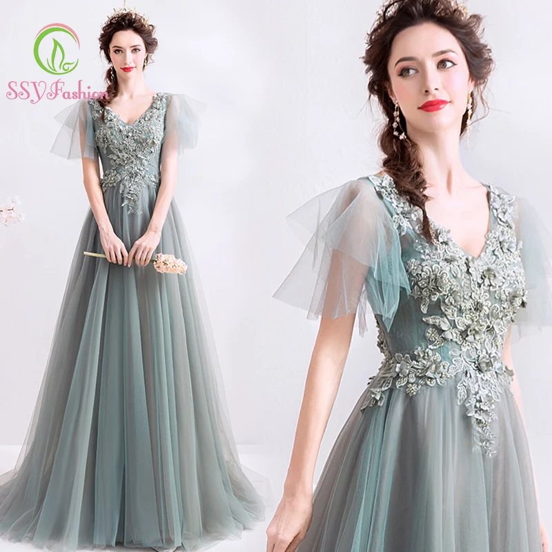 Женское вечернее платье SSYFashion с v-образным вырезом расклешенными рукавами длиной
