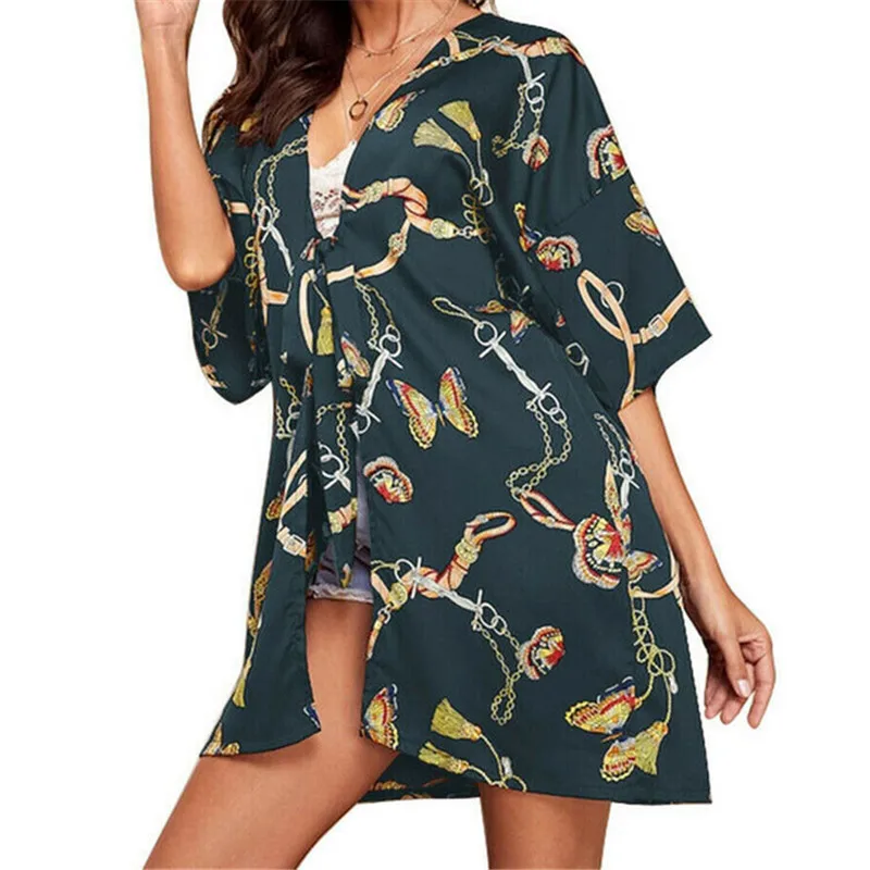 New Fashion Womens Ladies Floral Kimono Cardigan Boho Beach Style Half Sleeve Tops Blouses Summer Bohemian |