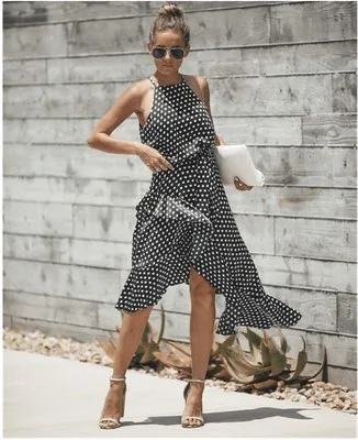 Женское длинное платье с оборками летнее женское в горошек без рукавов