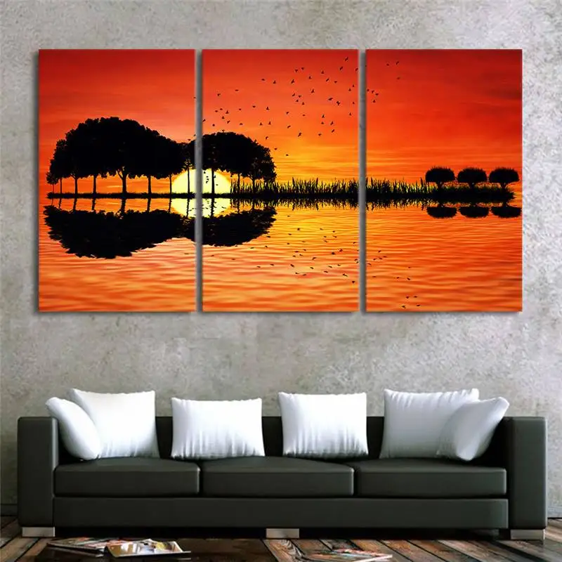 3 предмета Холст Wall Art Hd с гитары дерево Озеро Закат живопись на холсте Декор