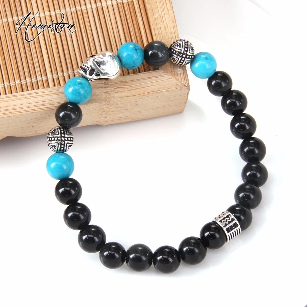 Томас Череп бусины из синего камня Для мужчин Браслеты Натуральный камень Rebel Heart