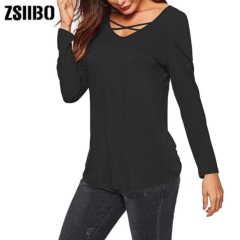 Женская Повседневная футболка с длинным рукавом и треугольным вырезом летняя