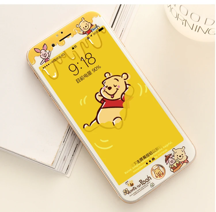 Передняя пленка с изображением медведя Винни для iPhone 7/8 plus, защитная пленка из закаленного стекла с мягкими краями для iPhone 6 6s plus+ наклейка на кнопку
