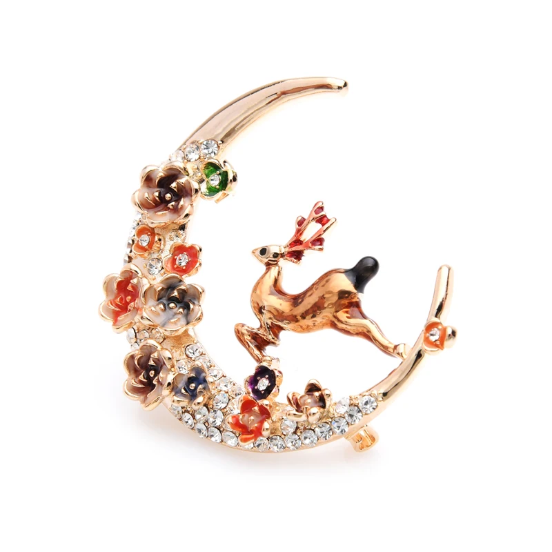 Wuli & baby Чешские стразы цветок луна броши с оленями Женская эмалированная брошь в