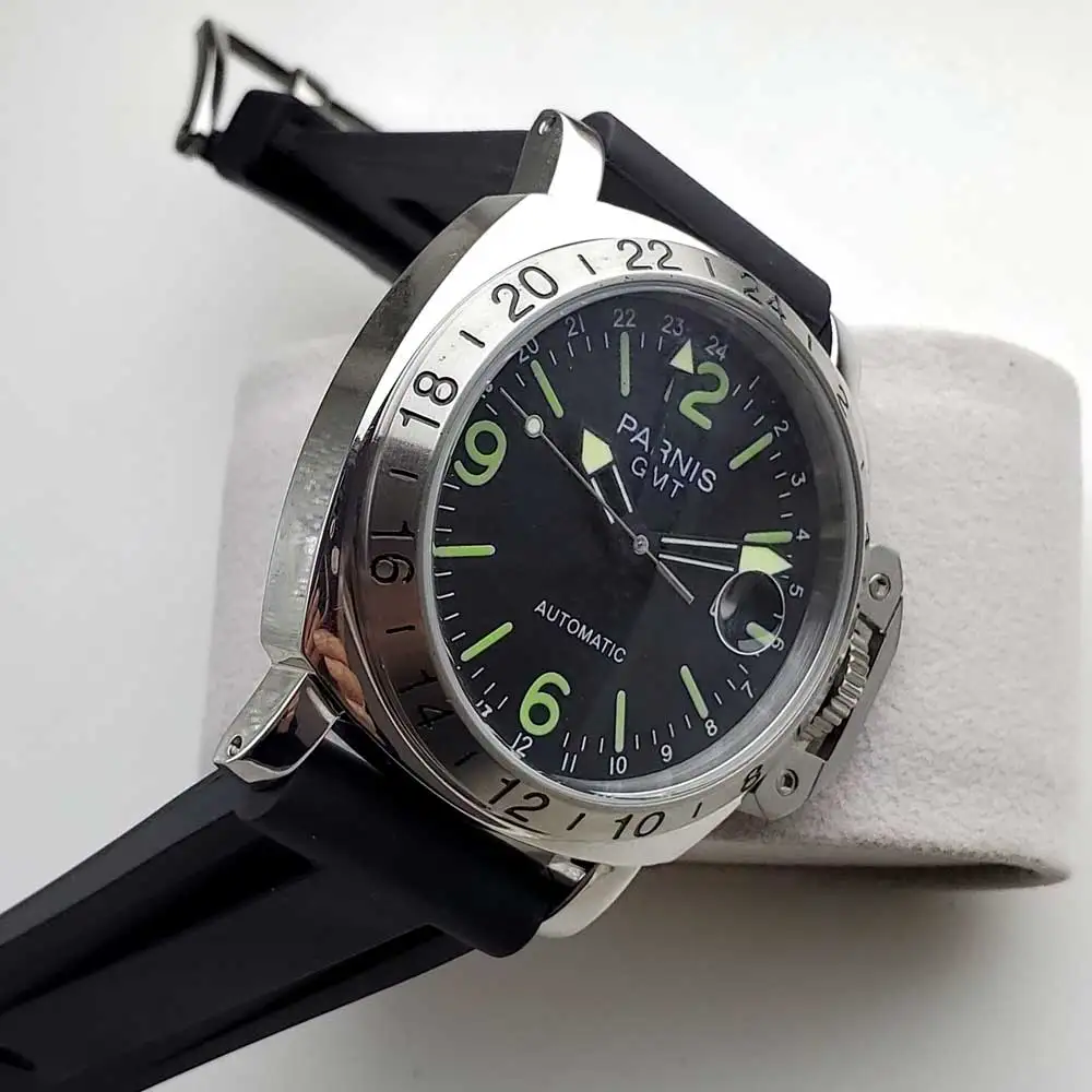 Parnis наручные часы GMT черный циферблат автоматический часовой механизм 44 мм корпус из нержавеющей стали черный резиновый ремешок P-9