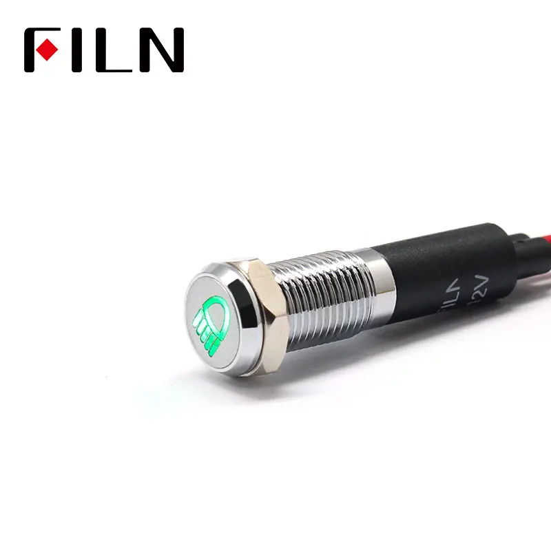 Green Silver shell FILN 8 мм Приборная панель автомобиля высокий луч символ led красный желтый белый синий зеленый 12 в светодиодный индикаторный светильник с кабелем 20 см - Цвет: Green Silver shell