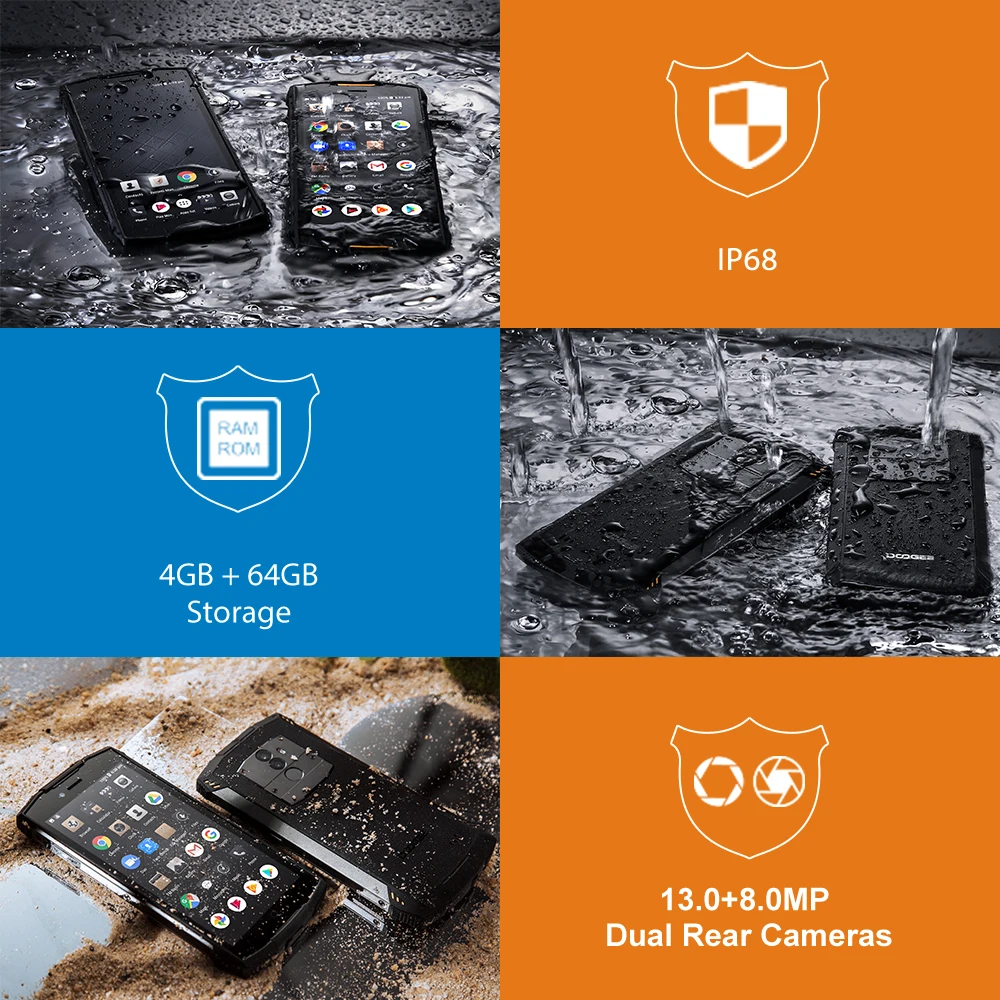 DOOGEE S55 4 ГБ + 64 IP68 смартфон mtk6750t восемь ядер Android 8 0 5 &quotHD 18:9 Экран 5500 мАч 13.0MP