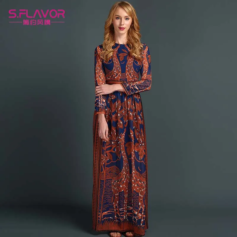 Женское длинное платье S. FLAVOR шифоновое макси с длинным рукавом и принтом на лето