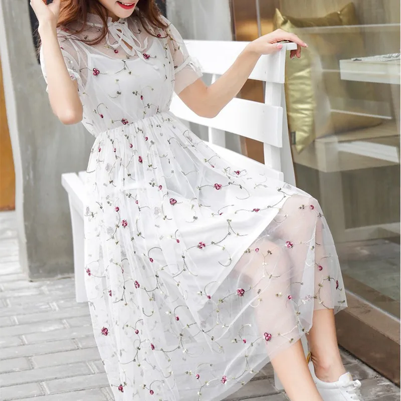 Sweet Mesh Lace Patchwork Women Embroidery Floral Dress Organza Two Pieces Up Female Fashion Summer Dresses Vestidos | Женская одежда