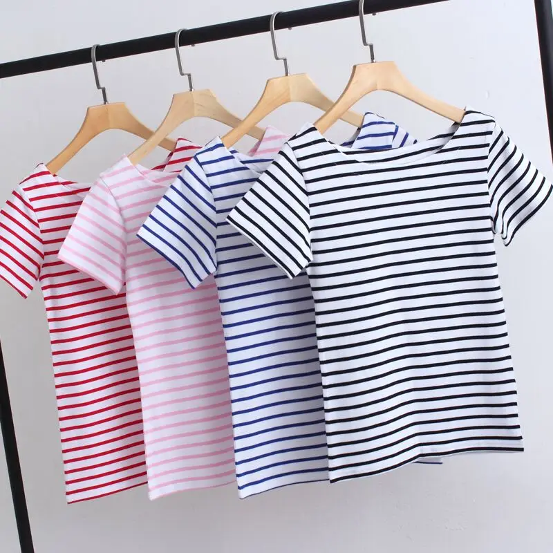 

New Korean version of the cotton striped T-shirt women's short-sleeved loose Korean wild casual fashion stretch T-shirt TB1809