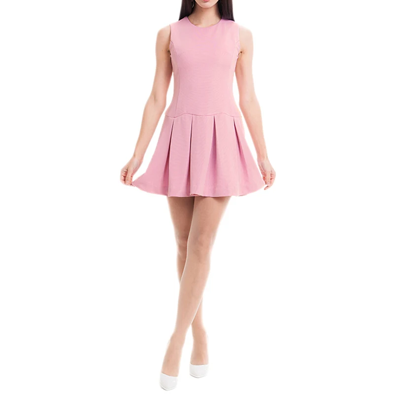 HDY Haoduoyi New Autumn Temperament Dress Slim Pleated Hem Sleeveless A-line Sweet Round Neck Folds Versatile Solid Color | Женская