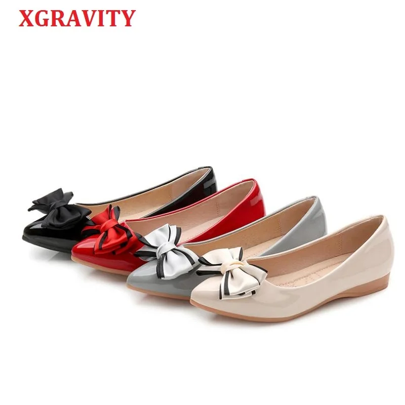 

XGRAVITY All Matched Big Size Female Pointed Toe Flats Elegant Comfortable Patent Leather Butterfly Know Flat Shoes Woman A117