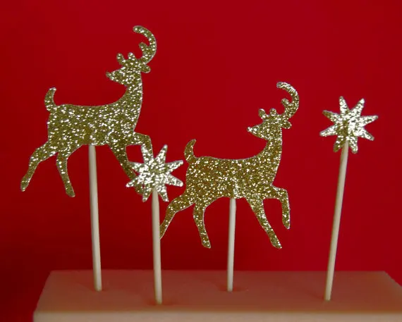 

glitter Deer With Stars Christmas Cupcake Toppers Engagement Party Bachelorette birthday Wedding Bridal Shower Night food picks