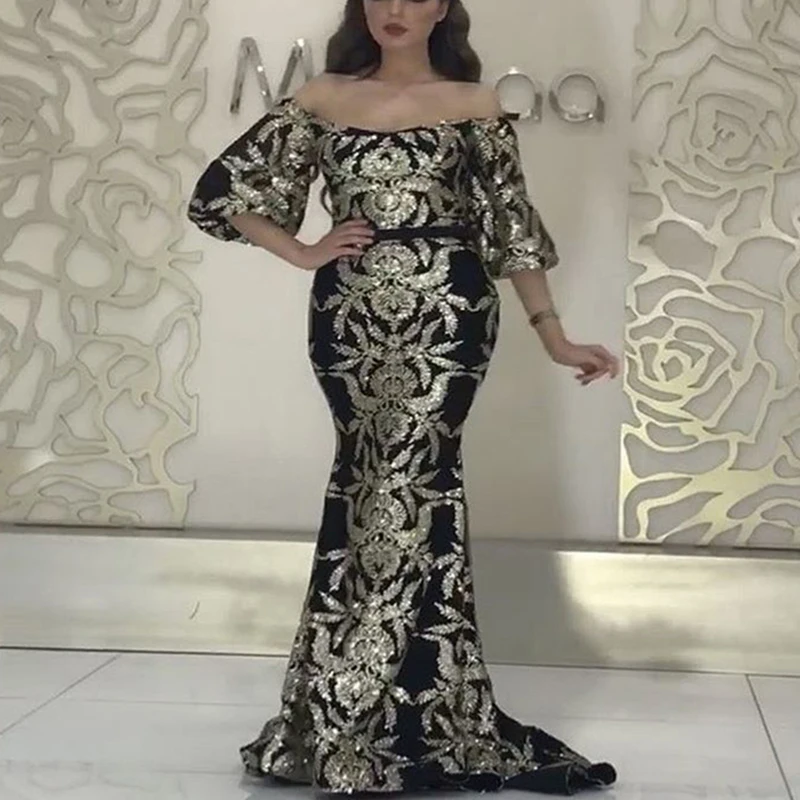 Женское вечернее платье русалка элегантное золотистое с вышивкой длинным