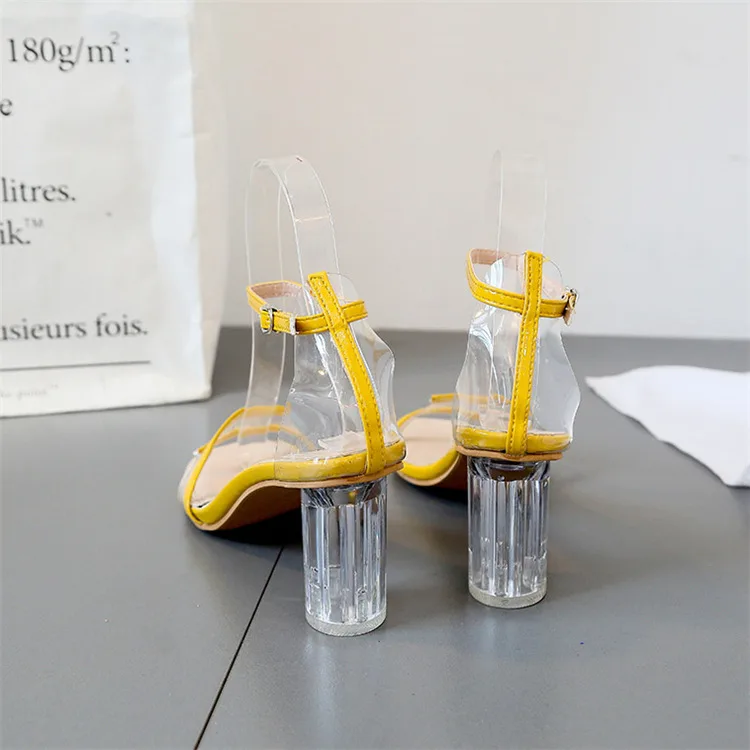 yellow Прозрачные босоножки из пвх; женские прозрачные босоножки на высоком каблуке с открытым носком и кристаллами; шлепанцы; Туфли-лодочки; женская обувь; 7 см - Цвет: yellow