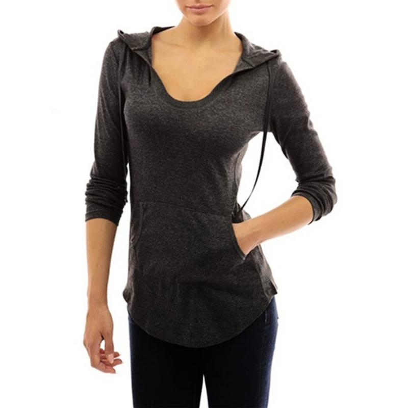 Для женщин с длинным рукавом Slim Fit капюшоном сплошной v образным вырезом пуловер Толстовка Лидер