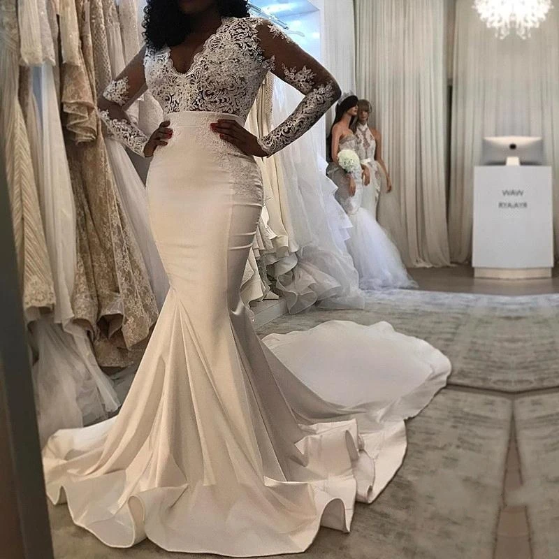 

Illusion Vestido De Noiva Muslim Wedding Dresses Mermaid V-neck Long Sleeve Lace Dubai Arabic Wedding Gown Bridal Dresses