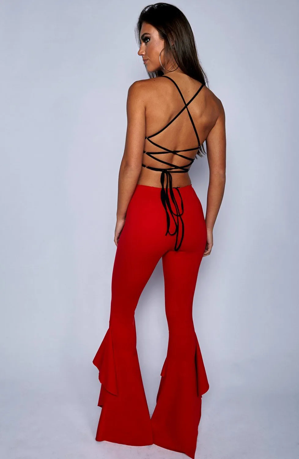 Hippie Women Enthusiastic Red Ruffles Slim Flare Pants Elastic Bottom 2018 Fashion Summer New Wide Leg Trouser Elegant Clothing | Женская