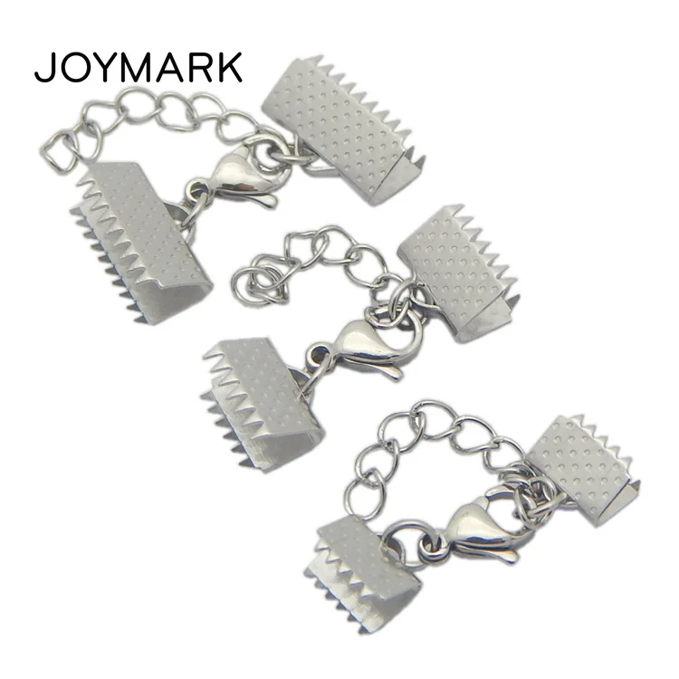 7 Sizes Stainless Steel Ribbon Ends Clip Foldover Crimp Beads Leather Cord End Caps With Lobster Clasp Extended Chain BXGC-183