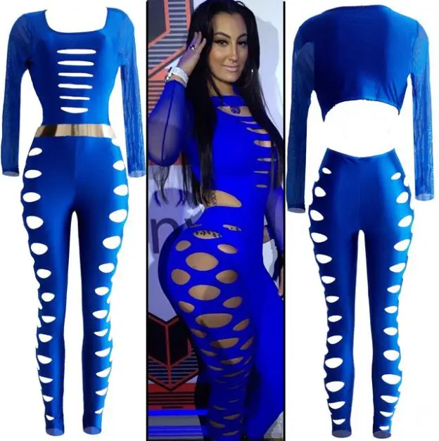 New Women Sexy Celebrity Blue Mesh Long Sleeve Cut Out Bandage Club Jumpsuit Catsuit Overall |