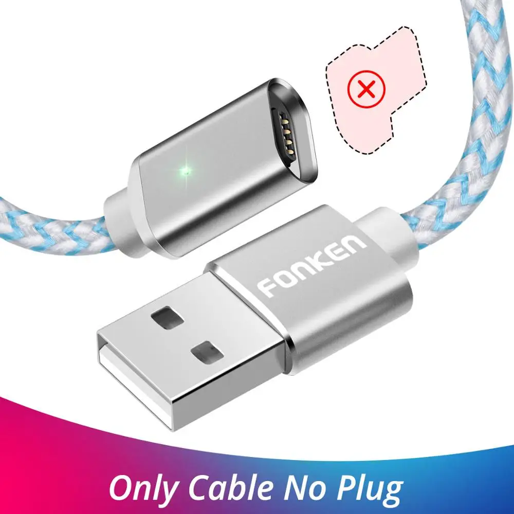 White Cable No Plug Магнитный кабель FONKEN usb type-C, 2 м, 2,4 А, магнитные usb-кабели для телефонов, быстрое зарядное устройство, USB type-C, зарядный провод, светодиодный шнур для зарядки мобильных телефонов - Цвет: White Cable No Plug