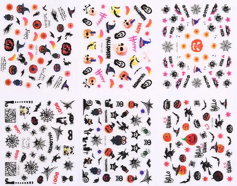 24 Простыни Хэллоуин Дизайн Красота ногтей Наклейки клей передачи 3d череп Тыква