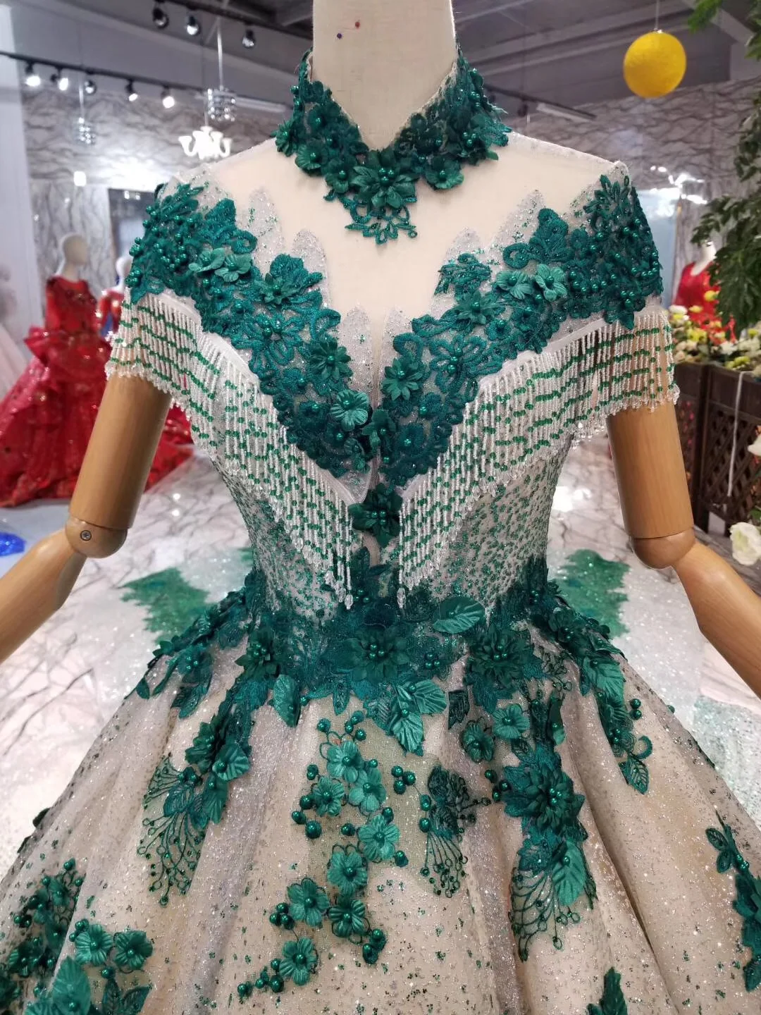 Женское платье с длинным шлейфом Anos Quinceanera зеленое кружевное маскарадное бисером