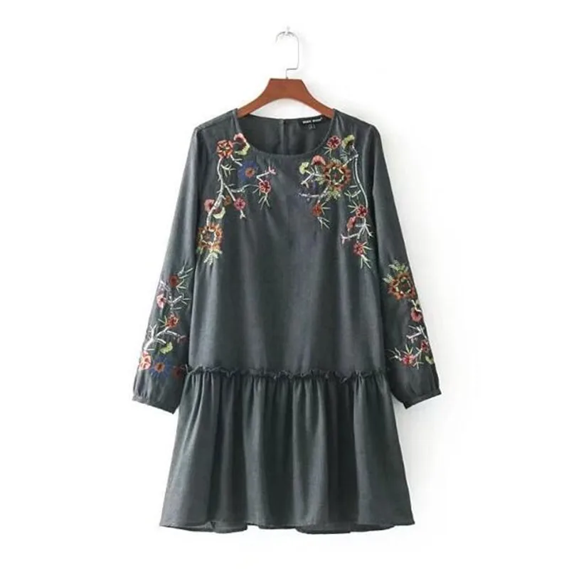 Стильное платье с цветочной вышивкой серого цвета длинным рукавом|loose dress|gray dressnew