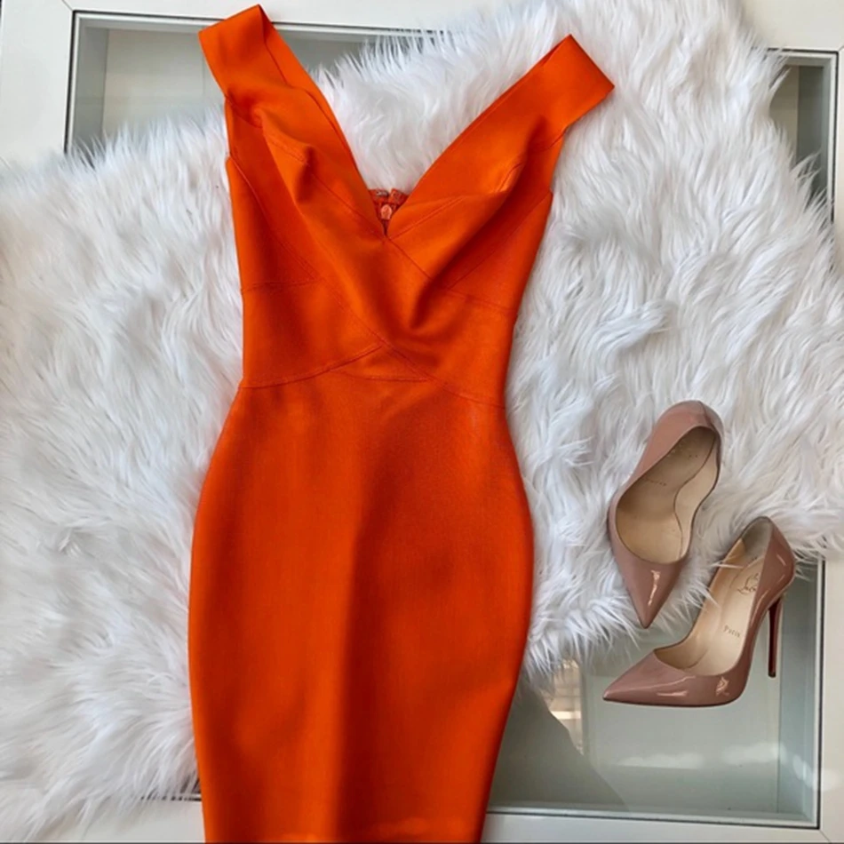 LEGER BABE летние женские бутики Бандажное обтягивающее платье vestidos оранжевый винно-красный, зеленый сексуальный глубокий v-образный вырез без рукавов вечернее платье