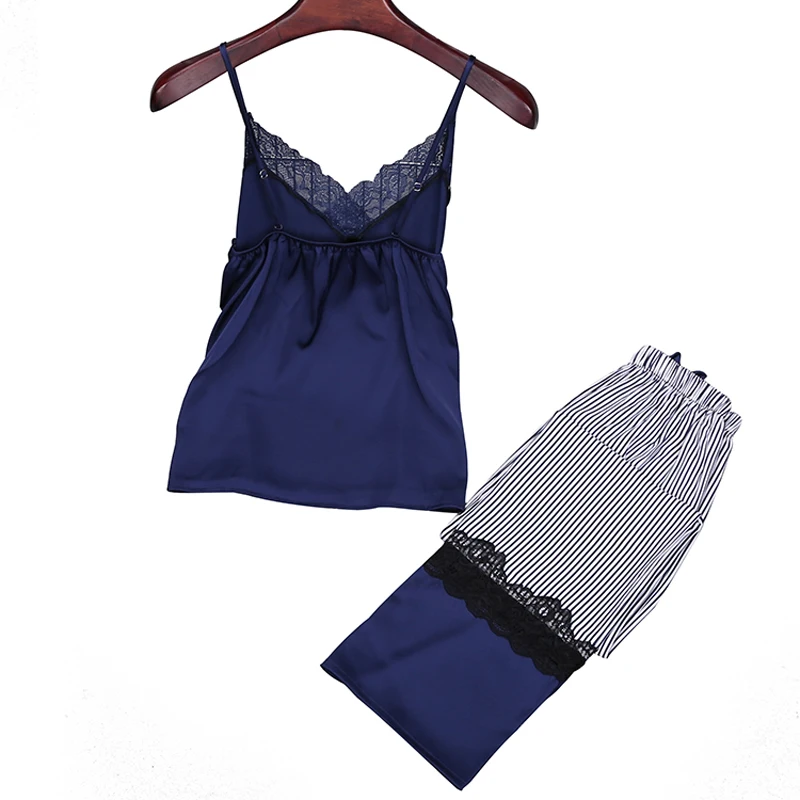 

Women Sexy Silk Satin Pajama Set Sleeveless Top and Striped Long Pant Lace Pyjama Set V-neck Pijama Set Summer Home Wear