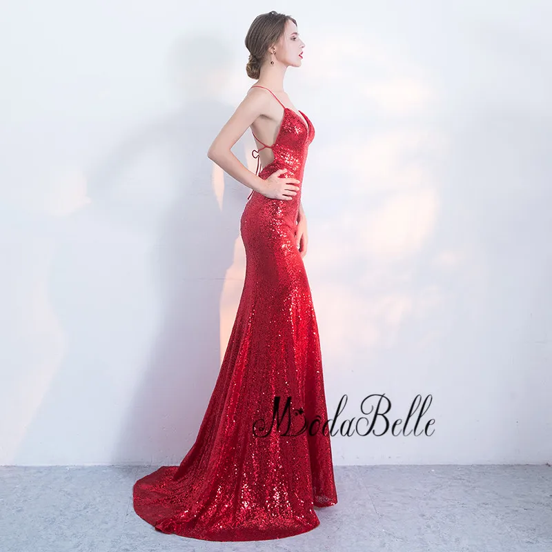 modabelle Simple Long Mermaid Red Prom Dress Backless Sexy Criss Cross Straps Glitter Sequin Evening Formal 2018 | Свадьбы и